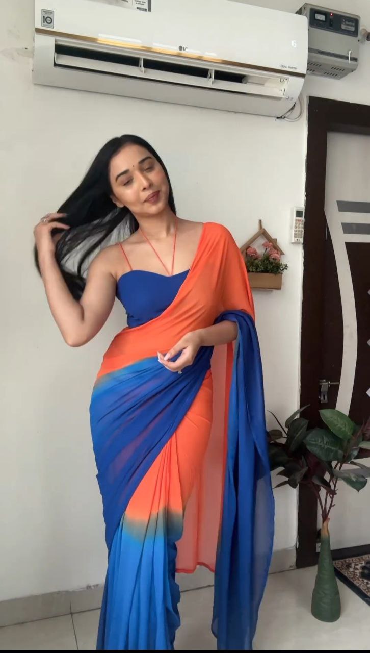 Excellent 1-Minute Ready To Wear Orange and Blue Georgette Saree