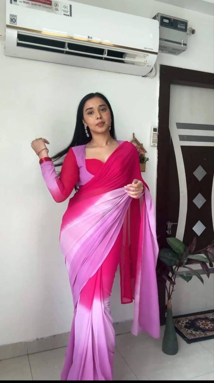 Excellent 1-Minute Ready To Wear Pink and Lavender Georgette Saree