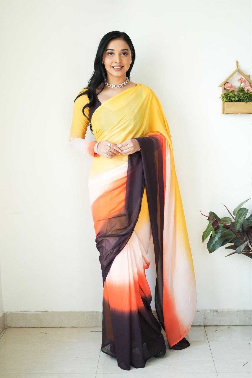 Petrichor 1-Minute Ready To Wear Yellow and Brown Georgette Saree