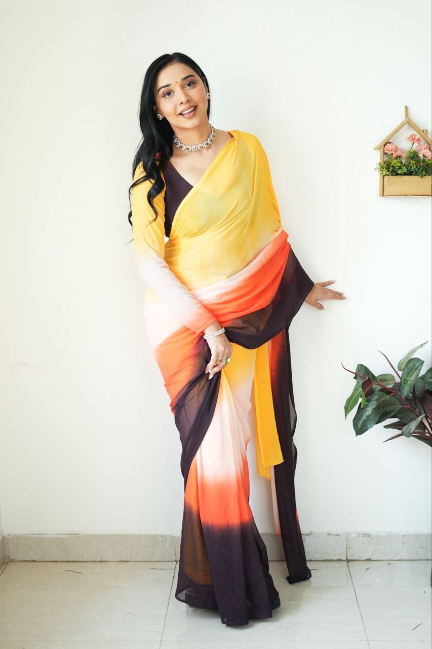 Petrichor 1-Minute Ready To Wear Yellow and Brown Georgette Saree