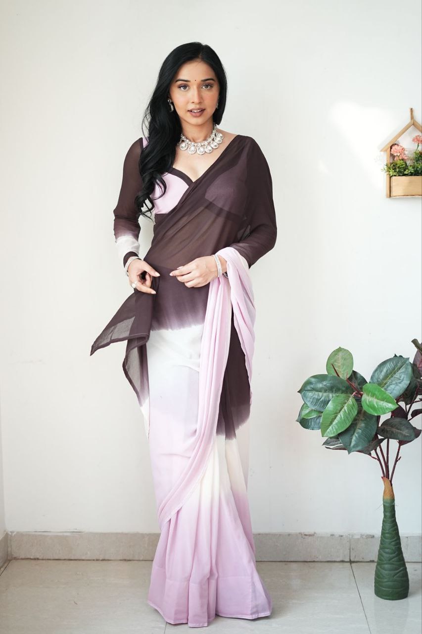 Divine 1-Minute Ready To Wear Brown and Pink Georgette Saree