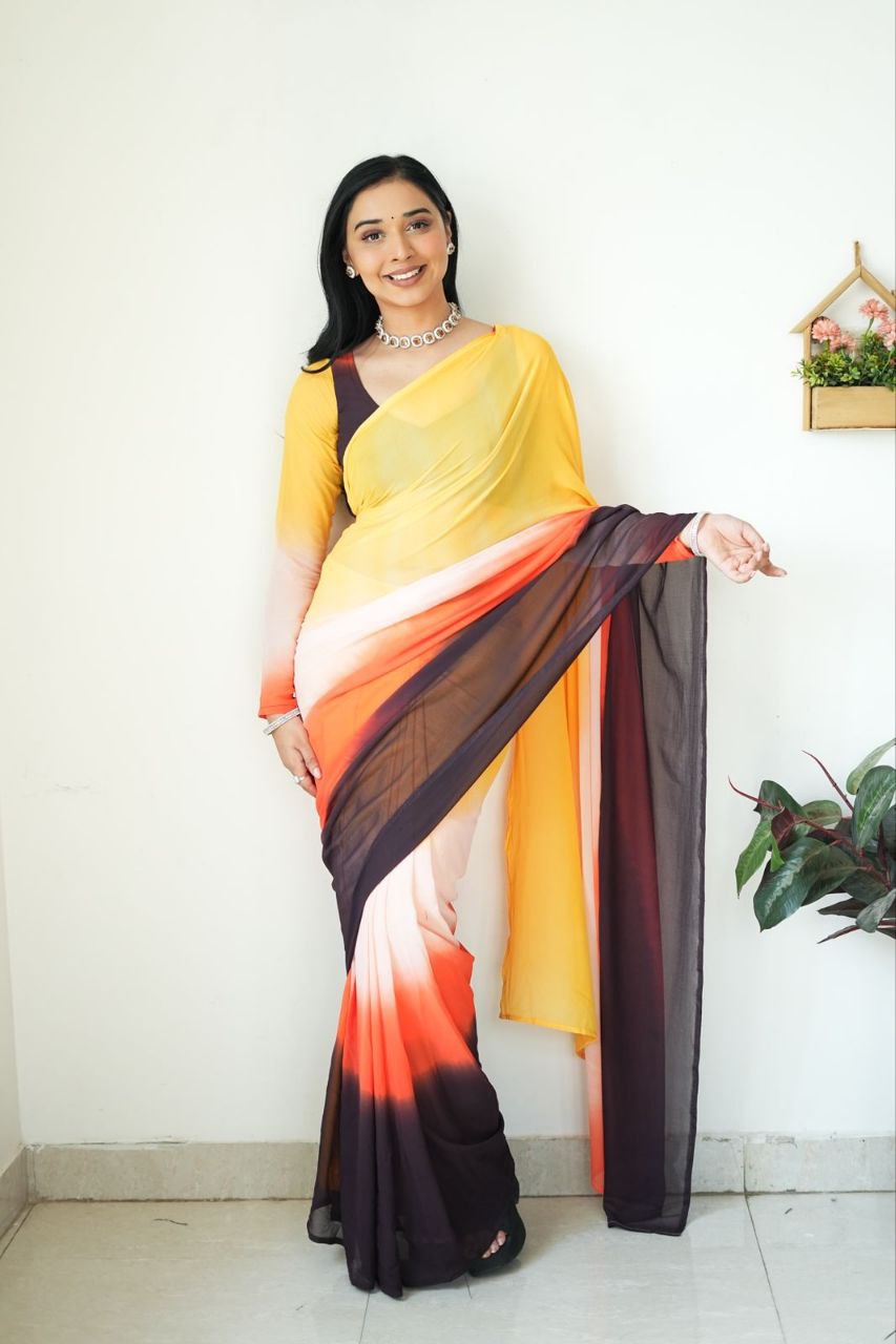 Petrichor 1-Minute Ready To Wear Yellow and Brown Georgette Saree