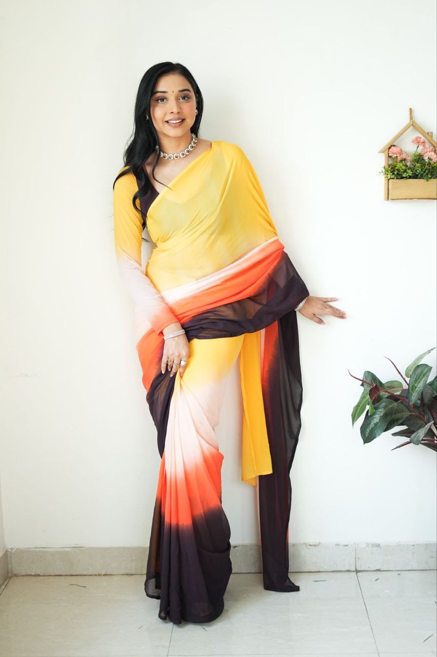 Petrichor 1-Minute Ready To Wear Yellow and Brown Georgette Saree