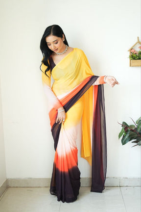 Petrichor 1-Minute Ready To Wear Yellow and Brown Georgette Saree