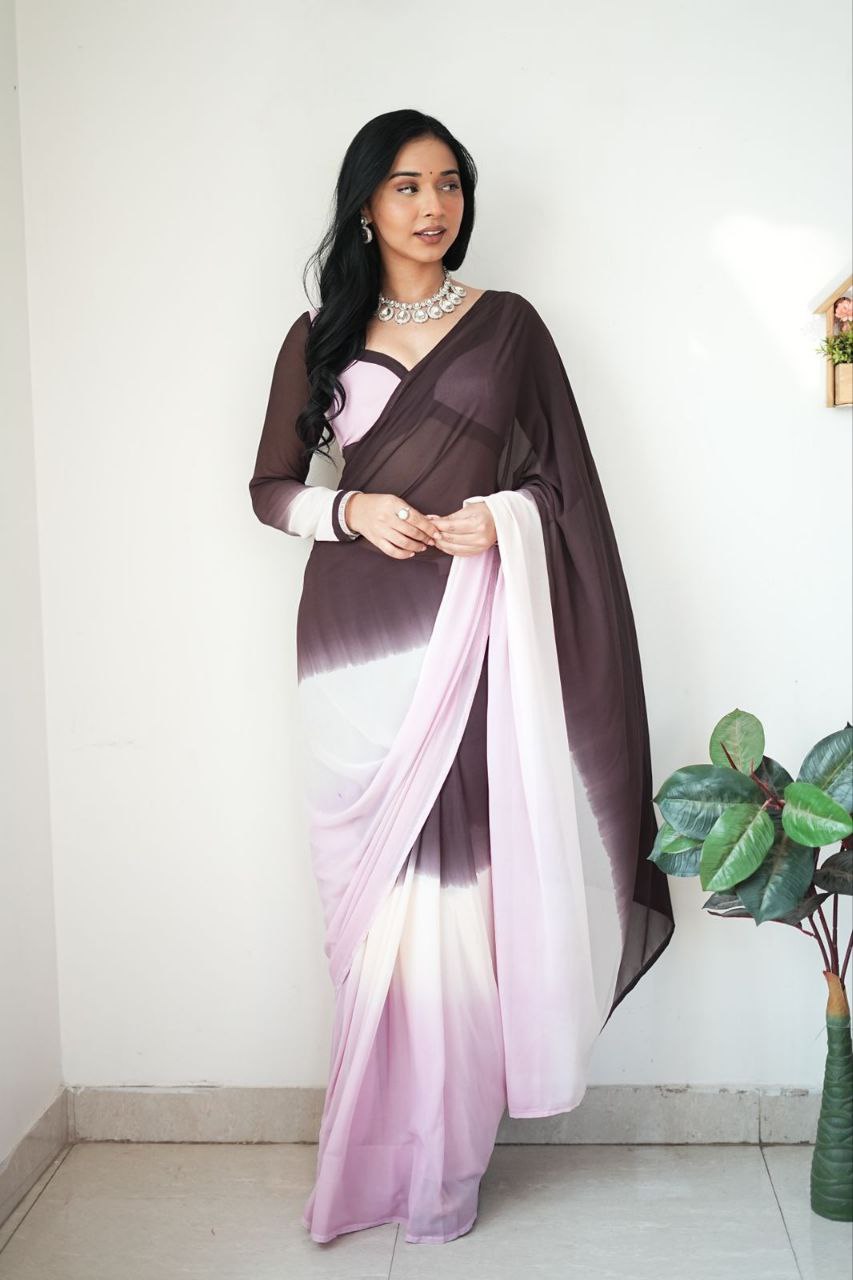 Divine 1-Minute Ready To Wear Brown and Pink Georgette Saree