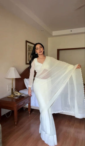 Skinny 1-Minute Ready To Wear White Georgette Saree