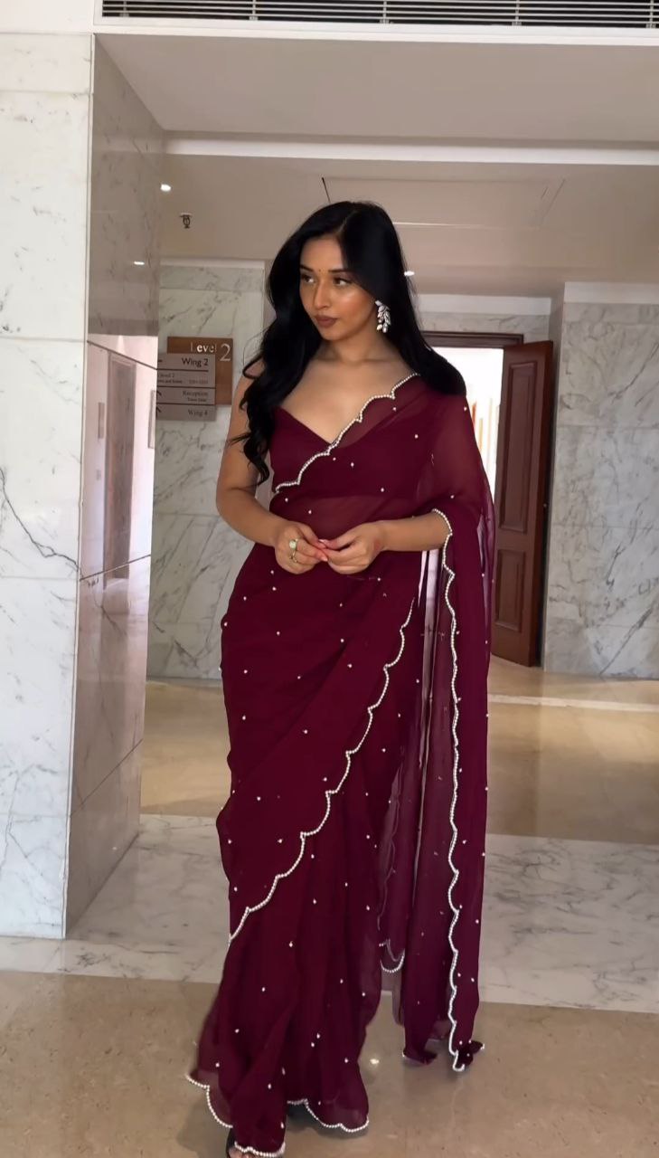 Stunning 1-Minute Ready To Wear Maroon Georgette Saree