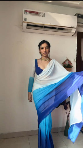 Vibrant 1-Minute Ready To Wear Firozi and Blue Georgette Saree