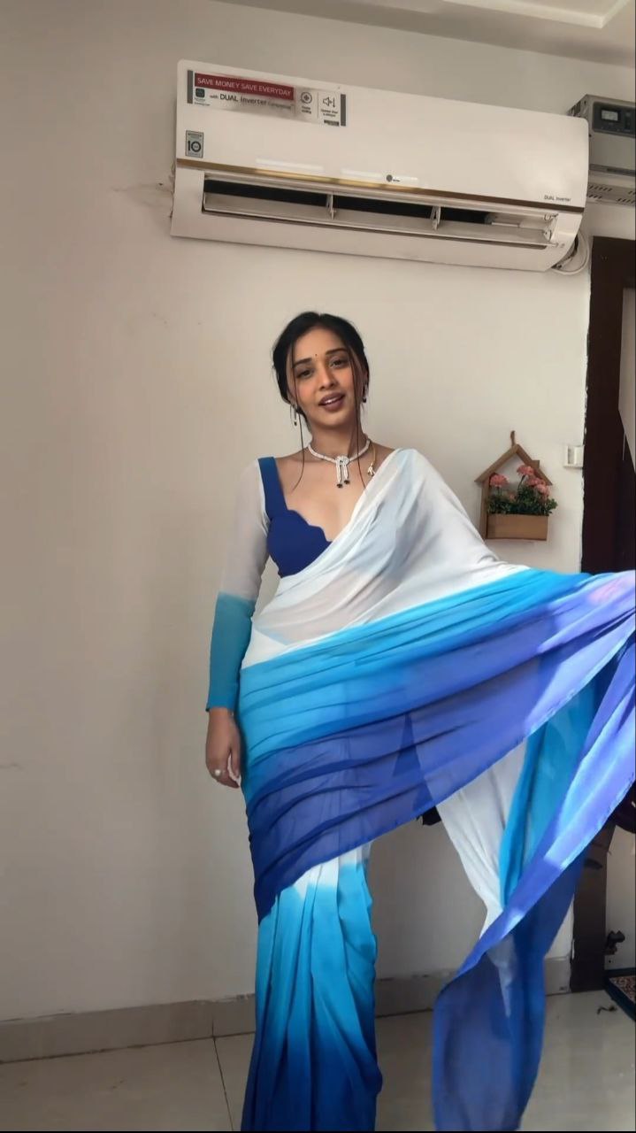 Vibrant 1-Minute Ready To Wear Firozi and Blue Georgette Saree