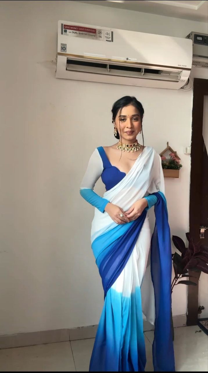 Vibrant 1-Minute Ready To Wear Firozi and Blue Georgette Saree