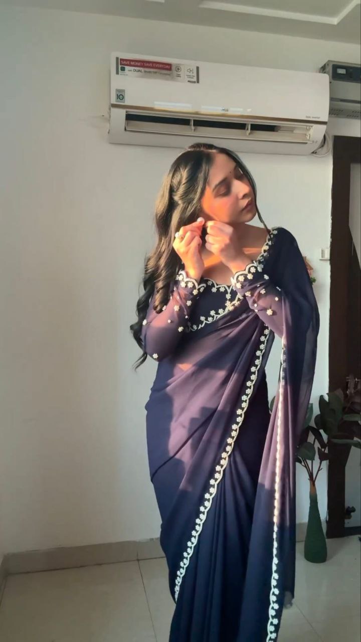 Pleasant 1-Minute Ready To Wear Purple Georgette Saree