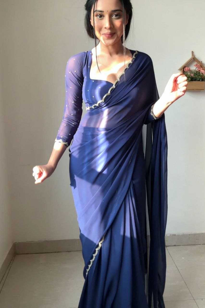 Angelic 1-Minute Ready To Wear Navy Blue Georgette Saree