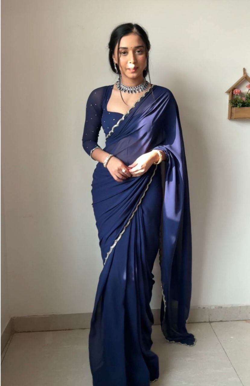 Angelic 1-Minute Ready To Wear Navy Blue Georgette Saree