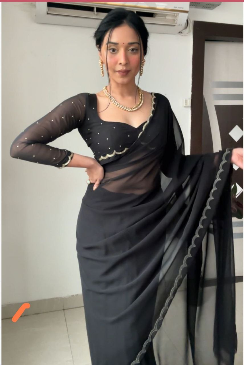 Evocative 1-Minute Ready To Wear Black Georgette Saree