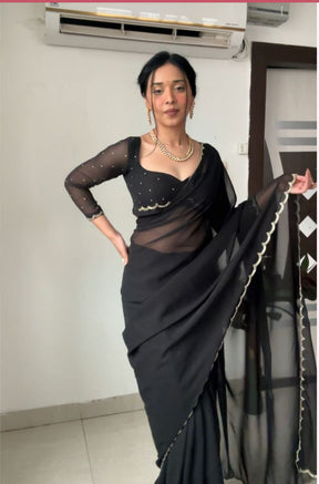 Angelic 1-Minute Ready To Wear Navy Blue Georgette Saree