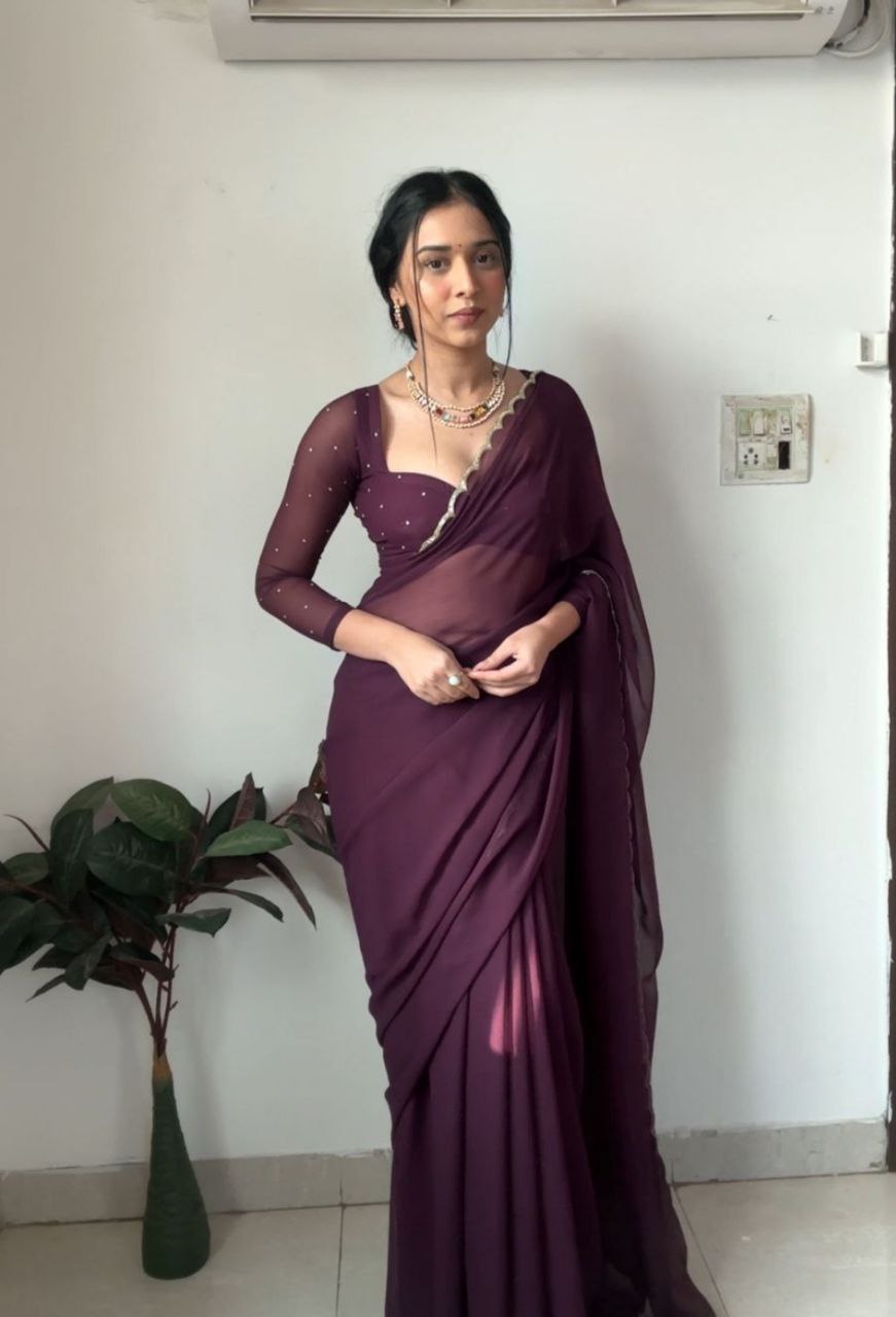 Pleasant 1-Minute Ready To Wear Purple Georgette Saree