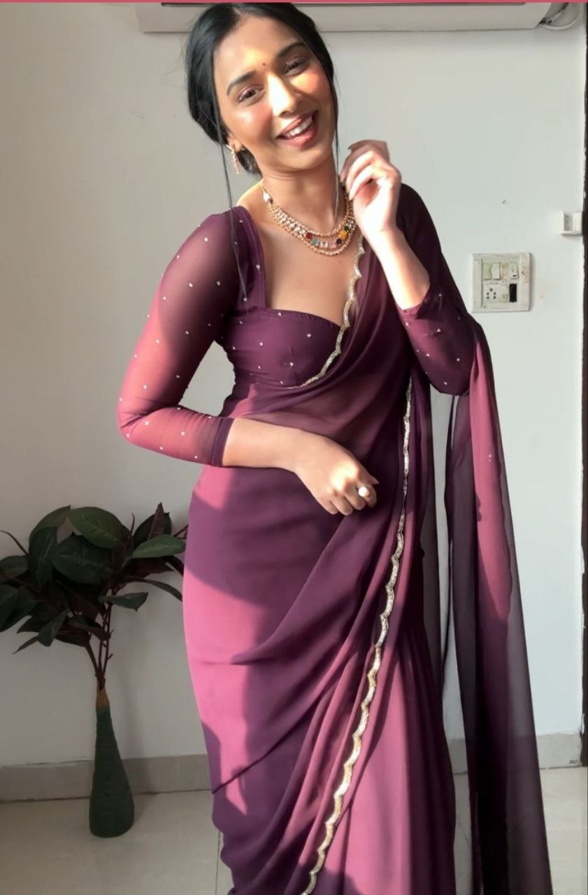 Pleasant 1-Minute Ready To Wear Purple Georgette Saree