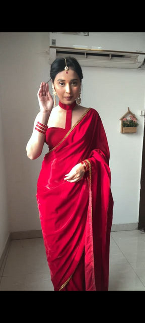 Outstanding 1-Minute Ready To Wear Red Satin Silk Saree