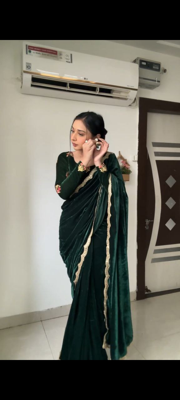 Whimsical Green 1 Minute Ready To Wear Velvet Saree With Blouse Piece