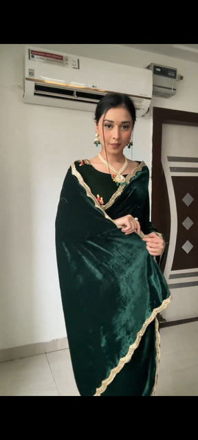 Whimsical Green 1 Minute Ready To Wear Velvet Saree With Blouse Piece