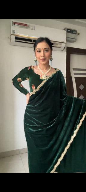 Whimsical Green 1 Minute Ready To Wear Velvet Saree With Blouse Piece