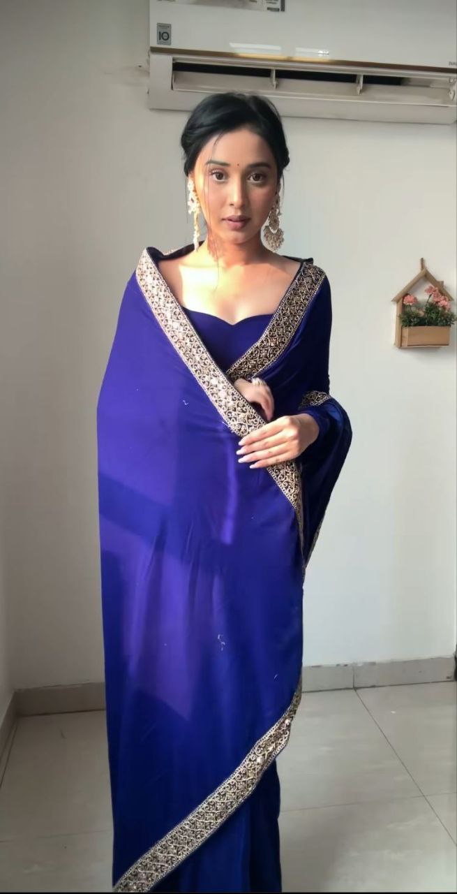 Whimsical Royal Blue 1 Minute Ready To Wear Velvet Saree With Blouse Piece