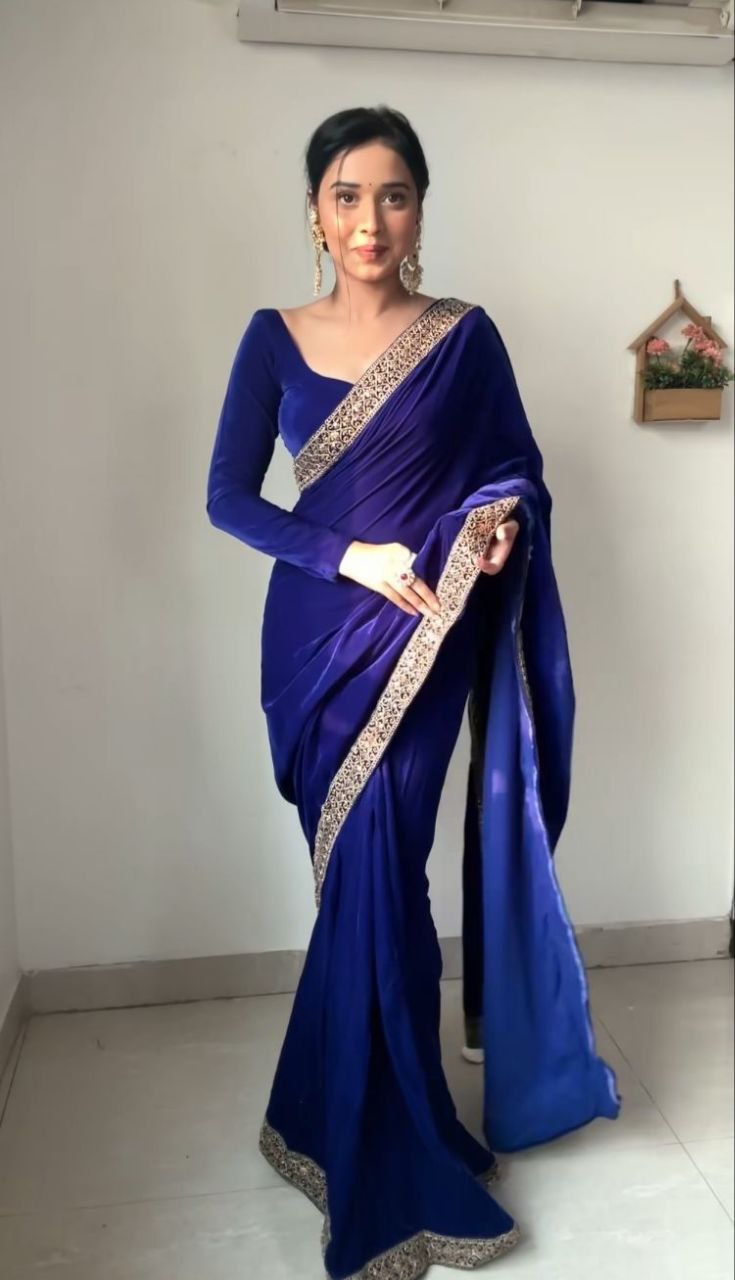 Whimsical Royal Blue 1 Minute Ready To Wear Velvet Saree With Blouse Piece