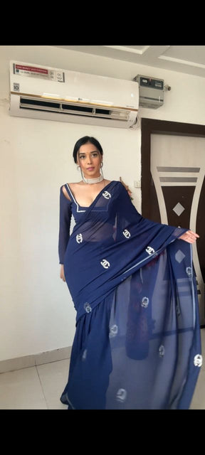 Stunning 1-Minute Ready To Wear Navy Blue Georgette Saree