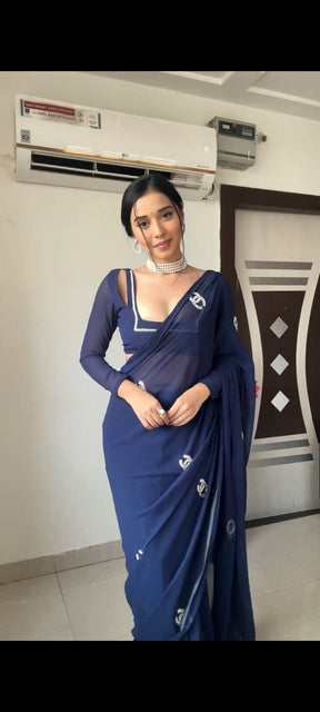 Stunning 1-Minute Ready To Wear Navy Blue Georgette Saree