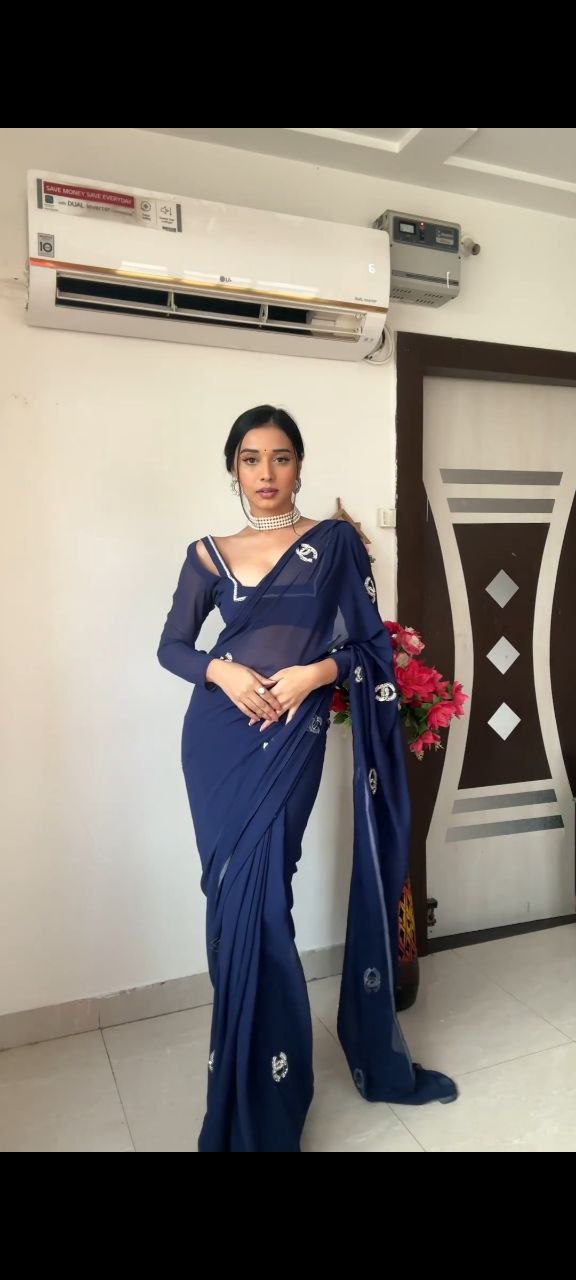 Stunning 1-Minute Ready To Wear Navy Blue Georgette Saree